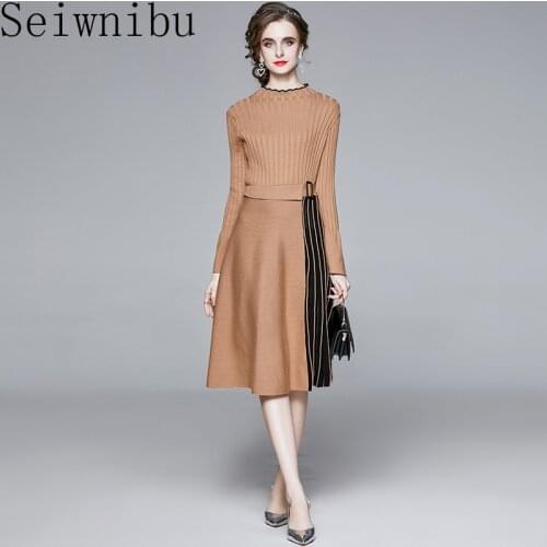 2020 Knit Pleated Midi Dress Women O Neck Long Sleeve Sashes Elegant Bodycon Dress Female Autumn Winter Sweater Dress