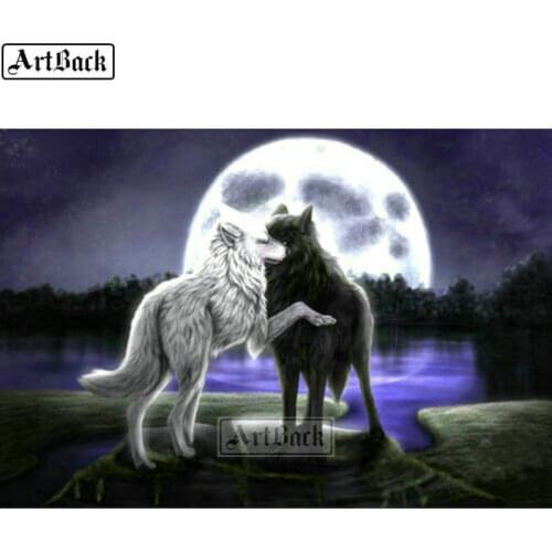 New Diamond Painting Wolf Moon Landscape Full Square Animal 5d Diamond Mosaic Rhinestone Crafts 20x30cm