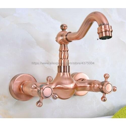 Antique Red Copper Bathroom Basin Sink Mix Tap Dual Handles Wall Mounted Kitchen Basin Sink Mixer Faucet Nnf946