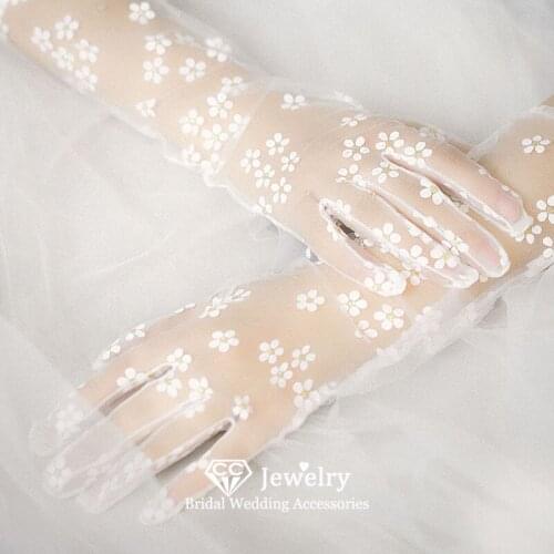 CC Flower Wedding Gloves Women Accessories Engagement Jewelry Translucent Mittens Gauze Sheer Finger Gants Forest Style AN182