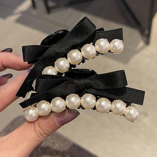 Black White Bead Ribbon Bow Grab Clip Western Style Bangs Small Grab Clip Hairpin Side Clip Broken Hair Clip Hair Accessories