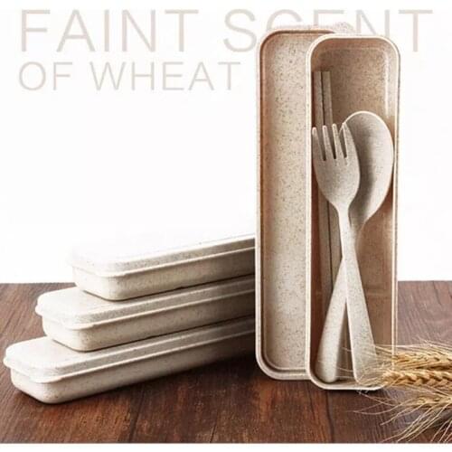 3pcs/set Travel Portable Cutlery Box Japan Style Wheat Straw Fork Spoon Student Dinnerware Sets Kitchen Tableware Tools Cocina