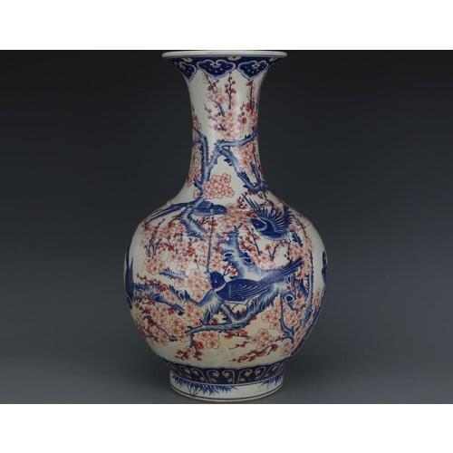 Antique QingDynasty porcelain vase,Blue & white red magpie bottle ,Hand painted crafts,Home Decoration,collection & adornment