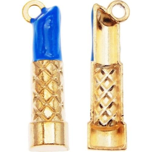 Julie Wang 12PCS Enamel Blue Lipstick Charms Zinc Alloy Gold Tone Cosmetic Pendant Bracelet Jewelry Making Accessory