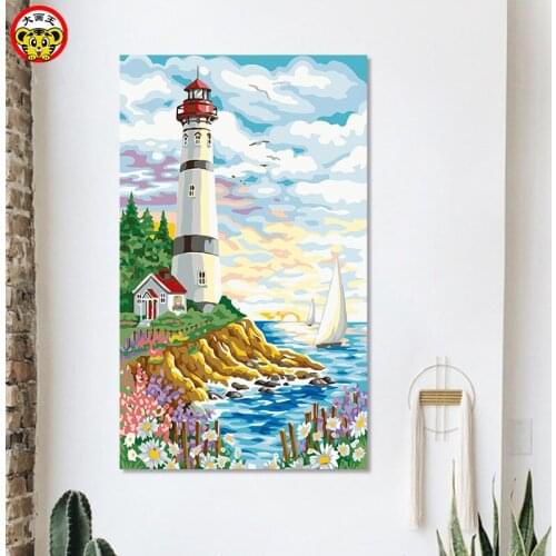 Painting by numbers art paint by number Da painting king diy oil modern European landscape seaside lighthouse living room room
