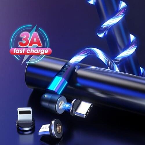 540° Rotate Magnetic Cable 3A Fast Charging Cable Flowing Light LED Luminous Mobile Type C USB C Micro USB Cable For iPhone