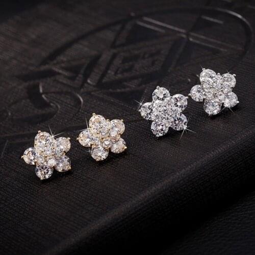 Cute Romantic Lovely Clear Stone Flower Shape Convenient Simple Stud Earrings Copper Cubic Zirconia Gold Earrings For Women Whol