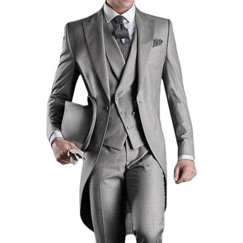 Gray Men Suits with Tail Coat Double Breasted Waistcoat Slim Fit Wedding Tuxedo for Groom Custom Male Fashion Costume