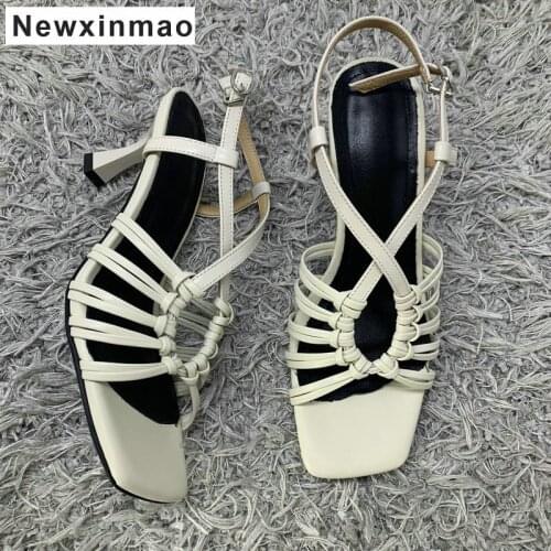 2021 New Genuine Leather Summer Sandals for Women Buckle Fashion Concise Thin High Heel Pumps Wedding Basic Shoes Woman