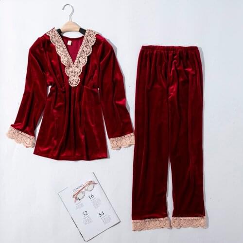 Embroidered Pajama Womens Set Nightgown Gold Velvet lace Long Sleeve Shirt Sleep Tops Trousers Pajama Sets Winter Homewear
