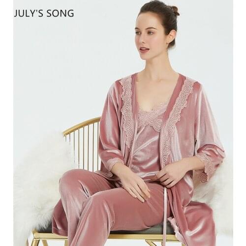 JULYS SONG 3 Pieces Pajamas Set Woman Autumn Winter Velvet Warm Sleepwear Sexy Lace Ladies Nightwear Woman Robe Sleep Trousers