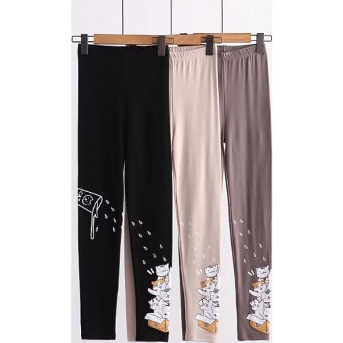 Japanese Kawaii Cartoon Printed Pants Girls Cute Cat Leggings Skinny Stretchy Tights High Waist Black Casual Pencil Trousers