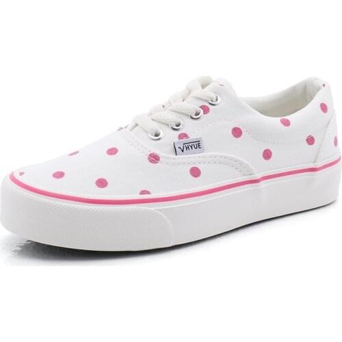 YSHUNIJ Japanese pink polka dot student canvas shoes round head shallow cross-strap skateboard shoes cute little white shoes