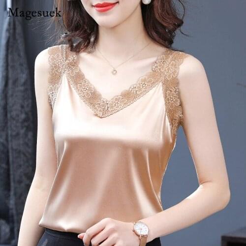 Women 2021 Summer V-neck Lace Embroidery Sleeveless Blouse Sexy Silk New Plus Size Tops Elegant Ladies Shirt Blusa Mujer 15795