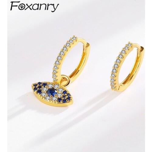 FOXANRY Prevent Allergy 925 Sterling Silver Hoop Earrings for Women Trendy Elegant Asymmetric Sweet Blue Zircon Bride Jewelry