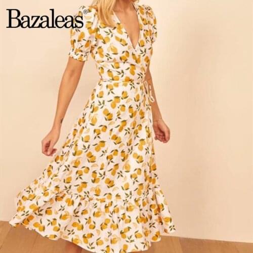 Bazaleas Vintage Wrap women dress Fashion V Neck dress France lemon Print vestido Elegant Ruffles women midi dresses