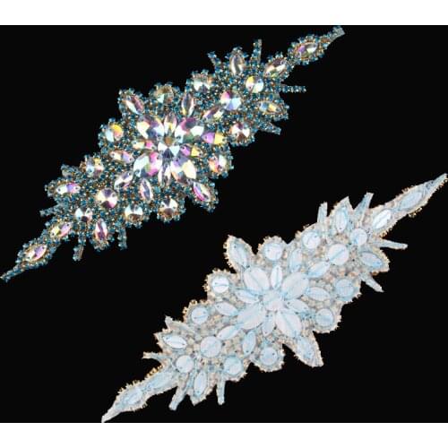 1pcs/lot)Sewing Chic Bling Beaded Rhinestone Appliques Patch Hot Fix Crystal Trim For Girl Wedding Dress Bridal Hair