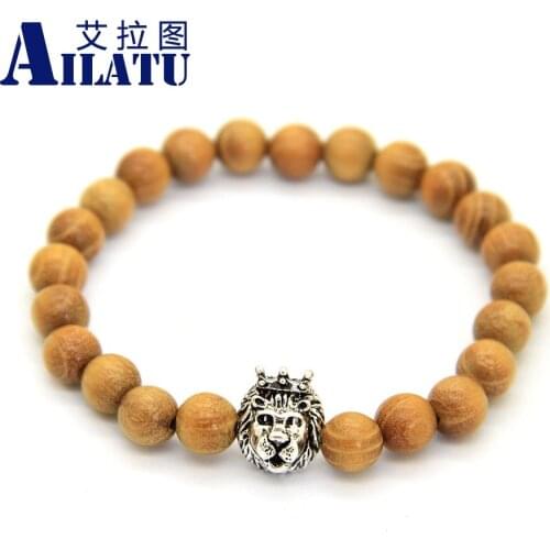 Ailatu High Grade 8mm Natural Yellow Wood Beads with Crown Lion Head Bracelets
