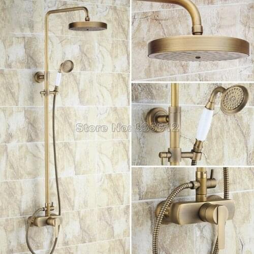 Antique Brass Wall Mounted Single Handle Mixer Tap / Bathroom Rain Shower Faucet Set with Hand Spray + Round Shower Head Wrs178