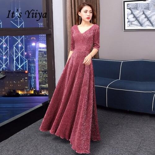 Its Yiiya Burgund Evening Gwon Sexy V-neck Half Sleeve Evening Dresses 2020 Plus Size Shiny Zipper Vestidos De Longo K243