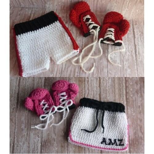 Baby boy Boxing Gloves with shorts set, girl Boxing Gloves with Short skirt , Newborn crochet Photography Prop size:0-1m,3-4m
