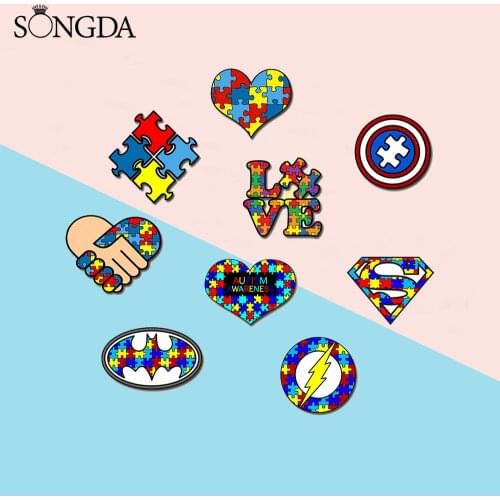 Autism Symbol Cartoon Acrylic Brooch Love Heart Hand in Hand Autism Awareness Art Epoxy Lapel Pin Bag Clothes Gift Accessories