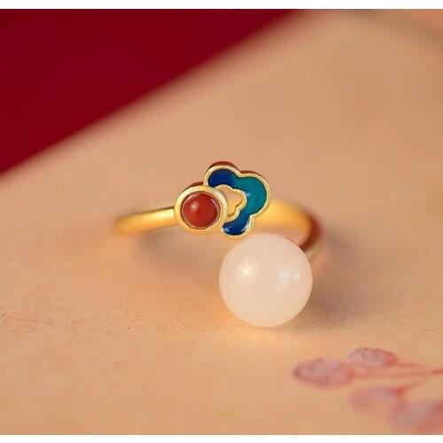 Natural Hetian Jade Ring S925 Sterling Silver Auspicious Cloud Ring Enamel Burnt Blue Forbidden City Style Retro Chinese Style J