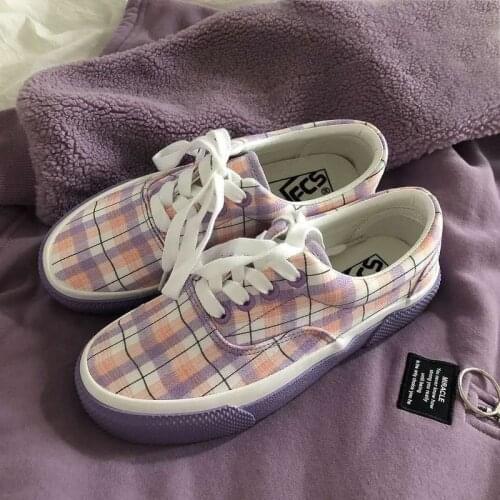 Plaid Womens Shoes for Summer Casual Canvas Sneakers Fashion Purple Footwear Japanese Style Alpargatas Mujer Cute Lolita Shoes