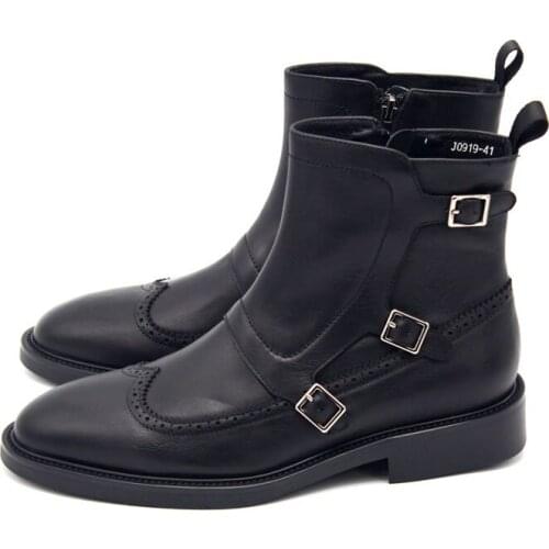 Classic Carved Side Zipper Cow Leather Boots Men Fashion Black Pointed Toe Monk Strap Boots Height Increased Buckle Boots