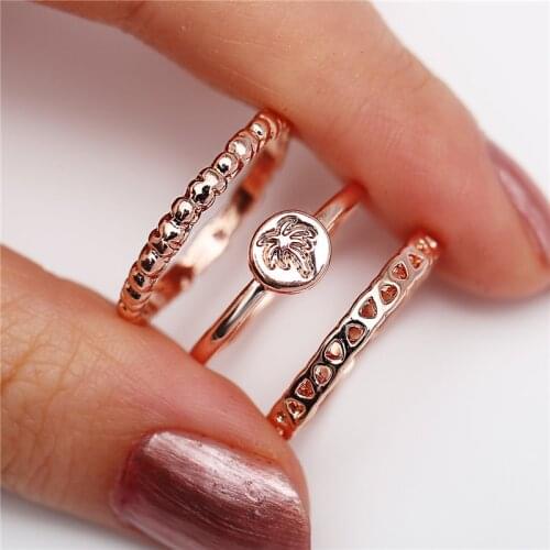 Fashion Rose Gold Coconut Tree Rings for Women 3Pcs/Set Classic Hollow Finger Rings Set Female Party Jewelry 2021