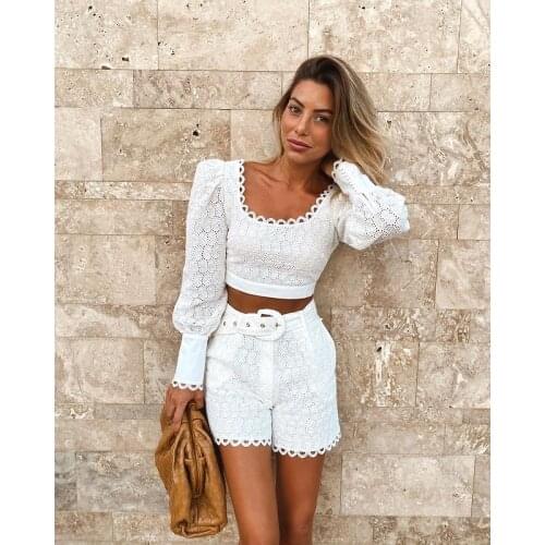 2021 Two Piece Set Spring Summer Long Sleeve Blouse Top and Shorts with Sash