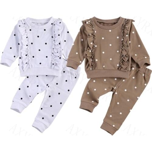 0-24M Spring Autumn Infant Clothing Sets Newborn Baby Girls Crew Neck Polka Dots Ruffles Sweatshirts Tops+Pants Sport Outfits
