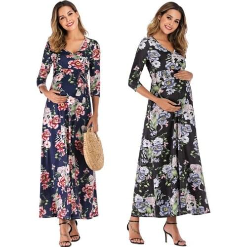 Summer Maternity Dresses Womens Floral Print Short-Sleeved Dress Pregnant Women Maternity Clothes Long Dress Pregnancy Dresses