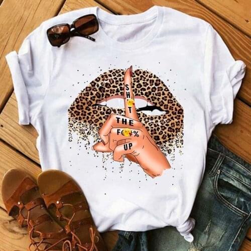 Fashion Leopard Lips Printed T Shirt Women Summer Short Sleeve Lips T-shirt White Tees Shirt Harajuku Korean Street Tops