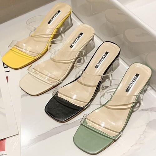 Fashion Women Sandals Low Mid Heels 1.57 Inches Beautiful Transparent Sexy Slippers（Size 35-45
