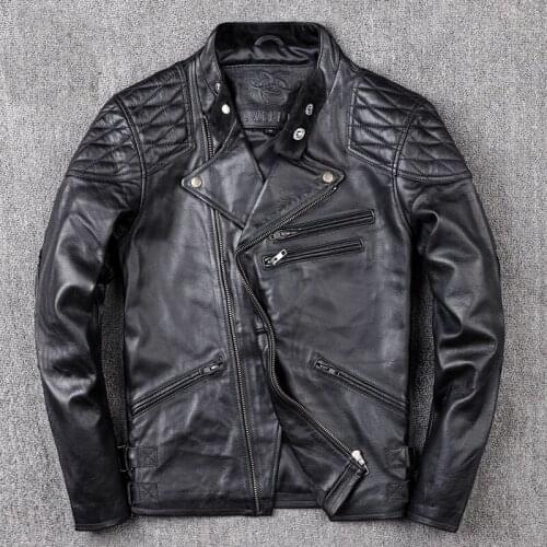 Genuine leather mens motorcycle leather jacket skull print head layer cowhide leather mens jacket