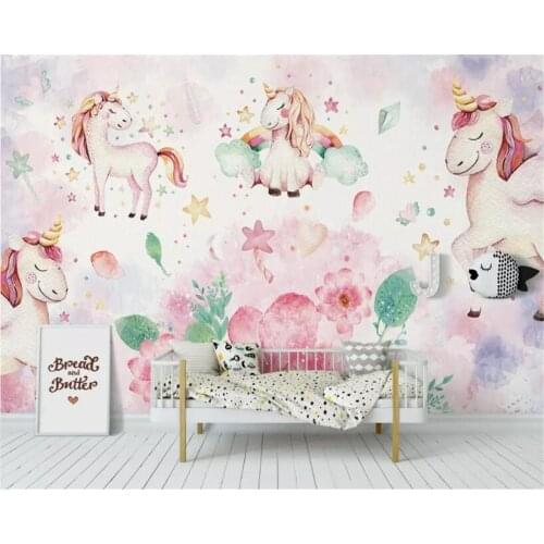Beibehang Custom Wallpaper Modern Pink unicorn flower childrens room background wall papel de parede wallpaper for kids room