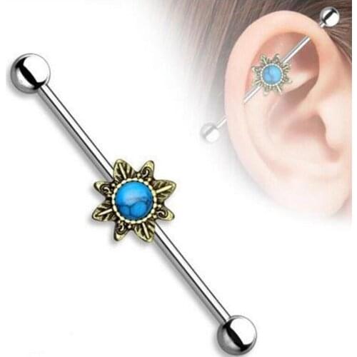 SaYao 1piece Stainless Steel 1.6x38x6mm Round Stone Star Long Industrial Barbell Ear Body Piercing Jewelry Gift