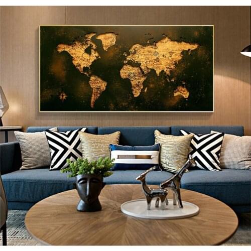 Vintage Golden World Map Canvas Painting on The Wall Art Posters and Prints Large Map Decorative Picture for Living Room Decor