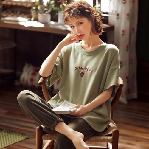 Womens Summer Short Sleeve Cotton Thin Loose Fresh Sweet Ankle-length Pants Lovely Females Cotton Homewear Set