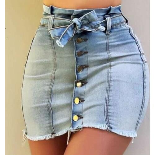 Womens Sexy Button Skinny Denim Skirts Casual Solid Color Mini Skirts Ladies Lace-up Slim Empire Upskirt Mujer