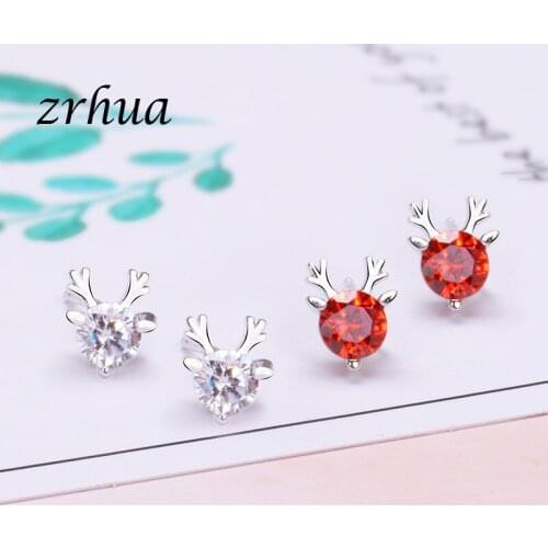 High-End 925 Sterling Silver Stud Earrings For Women Christmas Gift Clear White Red Zircon Sterling-silver-jewelry Party Bijuox