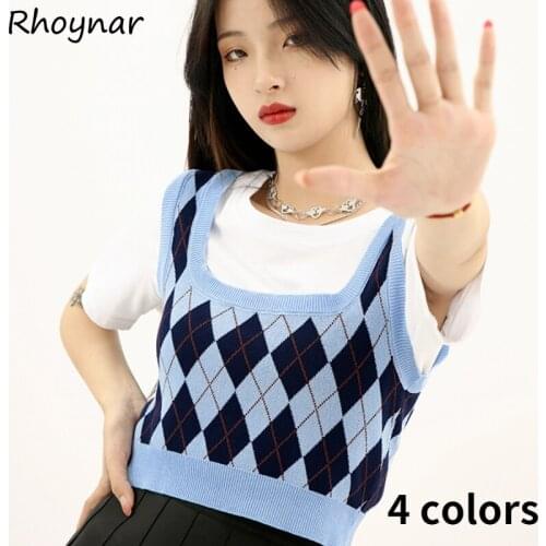 Tanks Women All-match Students Cropped Tops Summer Knitting Slim Korean Style Streetwear New Popular Harajuku Print Chic Mujer
