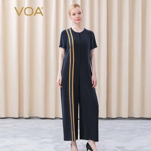 VOA 2021 Summer Fashion Silk Striped Loose Jumpsuits for Women KE263 O-Neck High Quality Luxury Short Sleeves Wide Leg Pants
