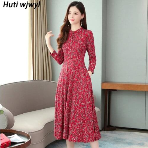 Autumn Winter 4XL Plus Size Casual Dress 2021 Vintage Red Print Vintage Knit Warm Midi Dress Elegant Women Bodycon Party Vestido