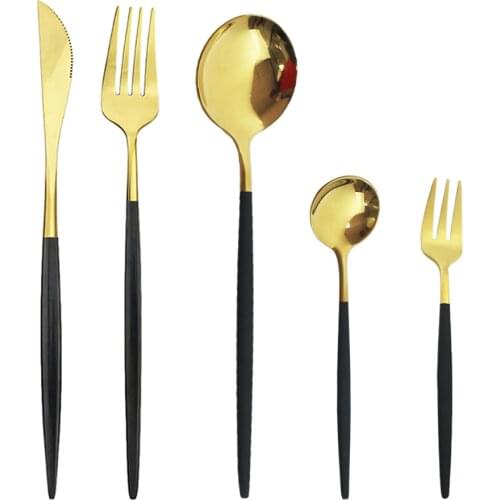 5 Pcs Black Gold Dinnerware Cutlery Set Knife Fruit Cake Fork Tea Spoon Flatware Mirror Stainless Steel Tableware Silverware Set