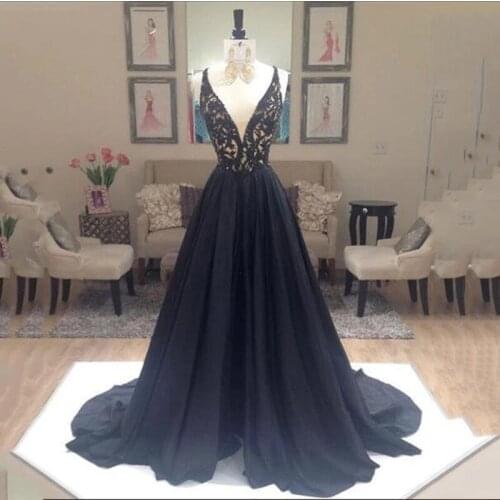 ANGELSBRIDEP V-Neck Black Long Evening Party Dresses Vestidos de festa Sexy Applique Court Train Special Ocassion Prom Gowns HOT