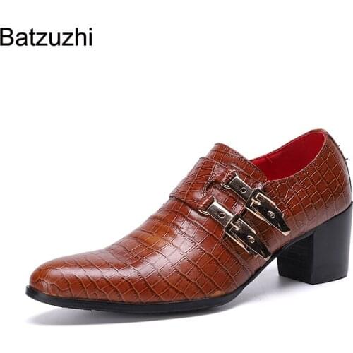 Batzuzhi Fashion Men Shoes Luxury Handmade Formal Leather Dress Shoes Men Buckles 7cm Heels High Party and Wedding Shoes, 38-46