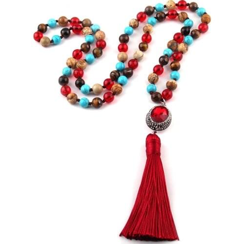 Free Shipping Fashion Bohemian Tribal Jewelry Semi Precious Stones Long Knotted Stone Handmake Paved Crystal Tassel Necklaces