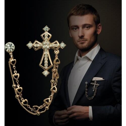 Gold Crystal Rhinestone Chain Tassels Brooch Pin Mens Accessories